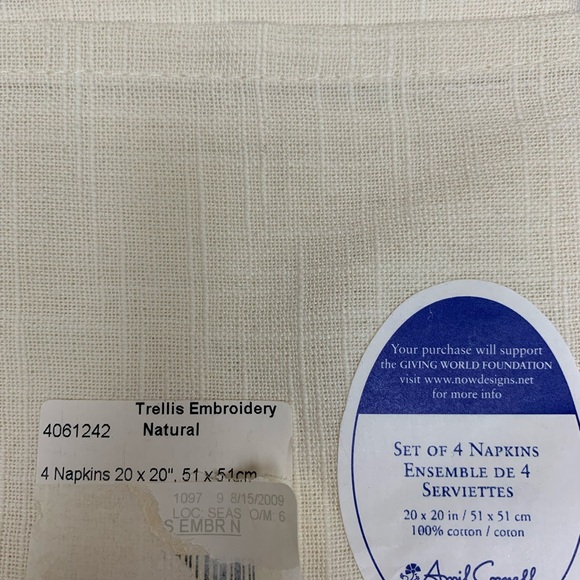 New April Cornell Trellis Embroidery Natural Tea Towels 4 Napkins 20x20 - Picture 4 of 4